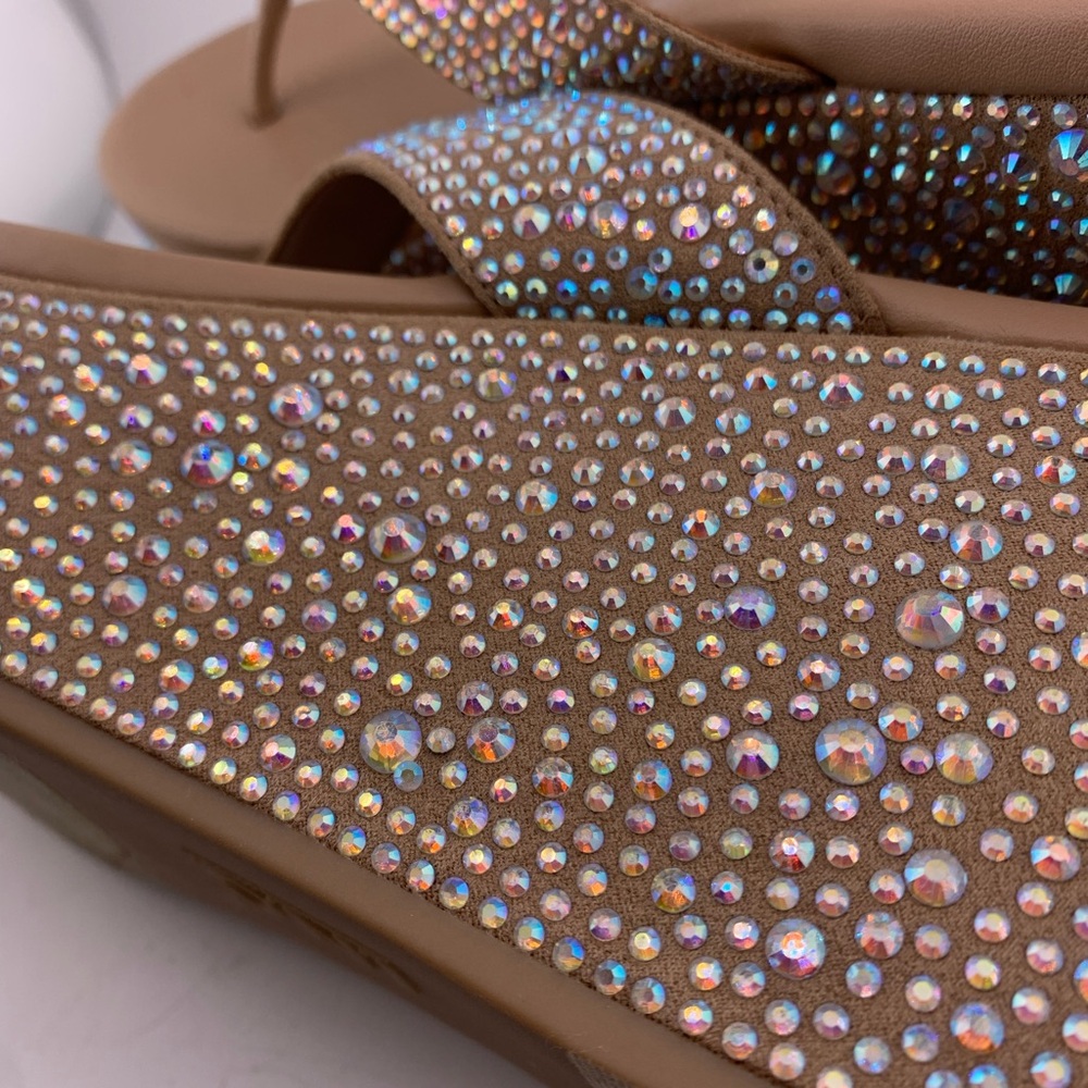10.5 Rhinstone Bling Tan Crystal Embellished Wedge Platform Sandals - Picture 3 of 7